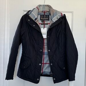 Barbour Millfire Quilted Jacket Removable Hood Dark Navy/Caramel US Size 4